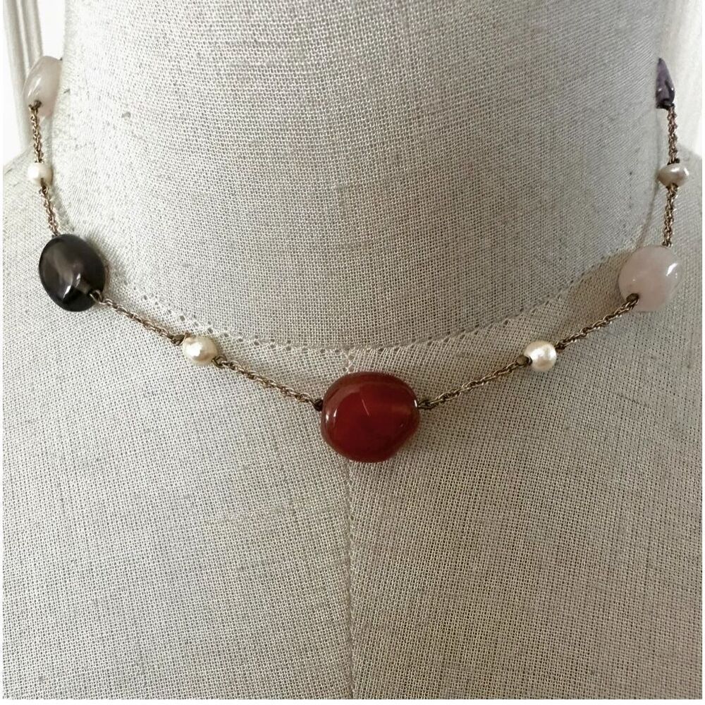 gold filled natural stones and pearl choker necklace